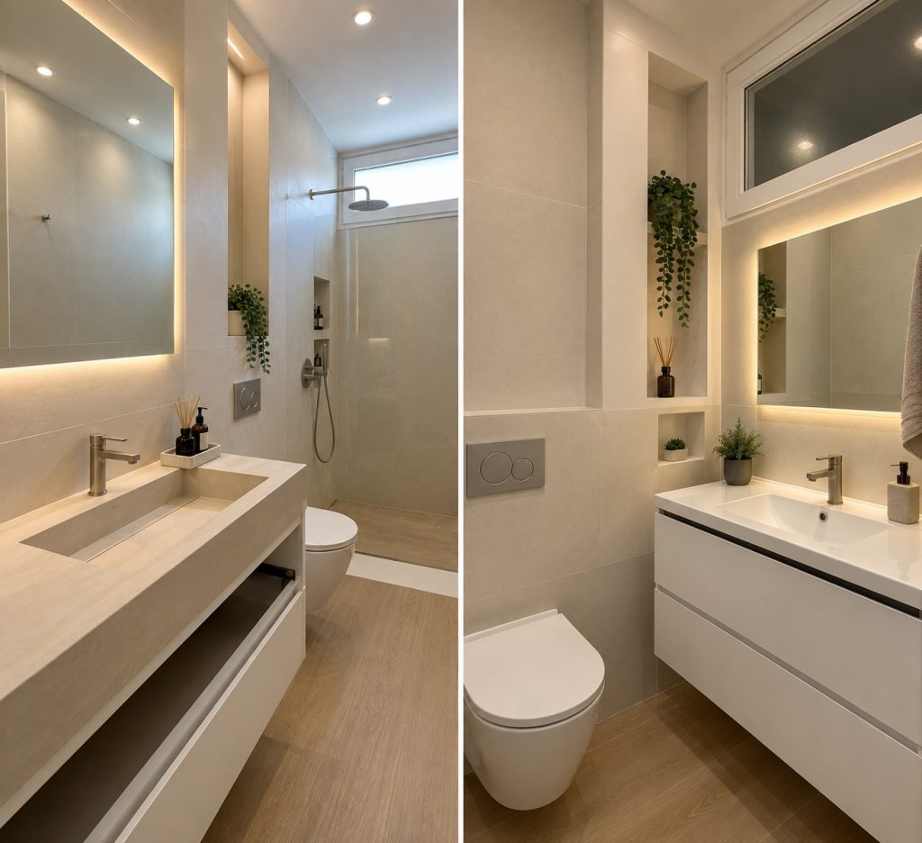 Baño con espejos iluminados, muebles de lavabo blancos y mampara de ducha