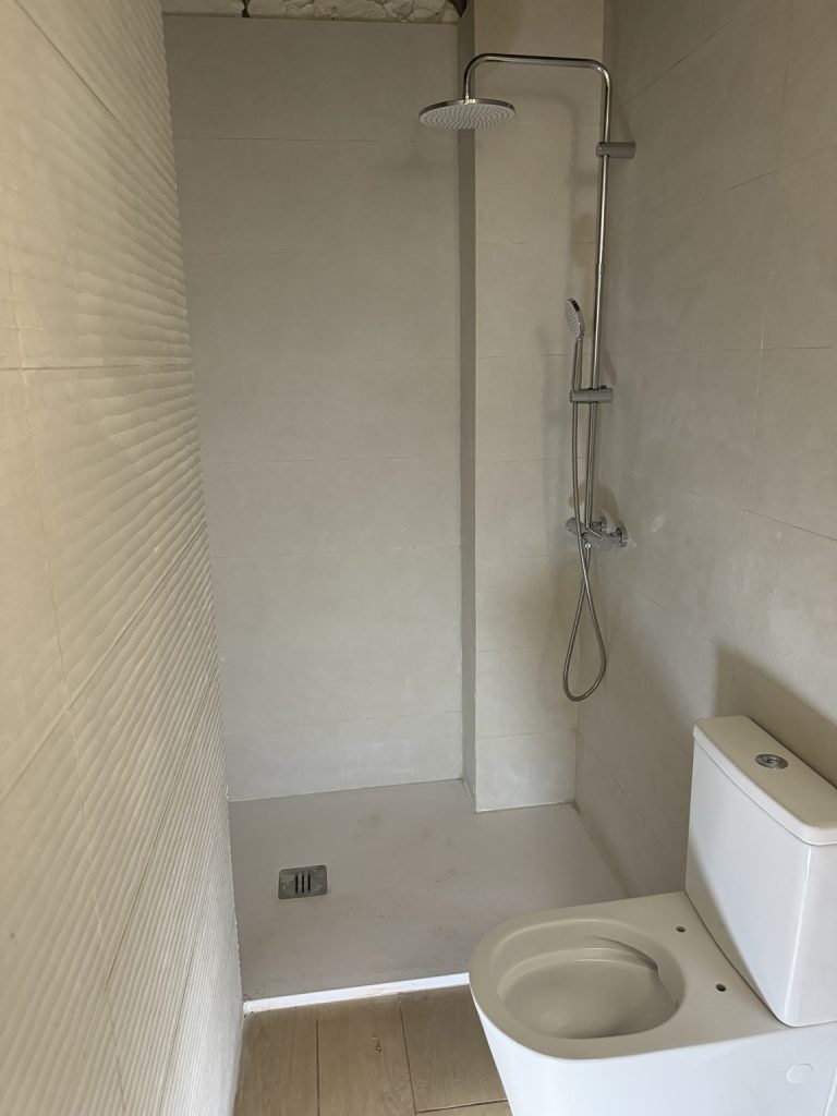 Baño con plato de ducha gris, grifería e inodoro junto a pared clara